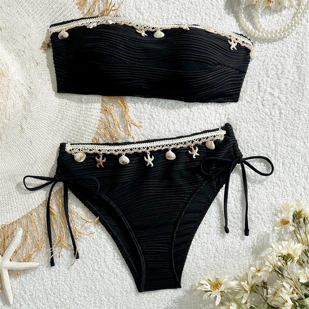 Vintage Black Bikini Star Border Shell Backless Lace Up Bandeau Swimsuit Women Boho Vacation Swimwears Beach Outfit Bathing Suit