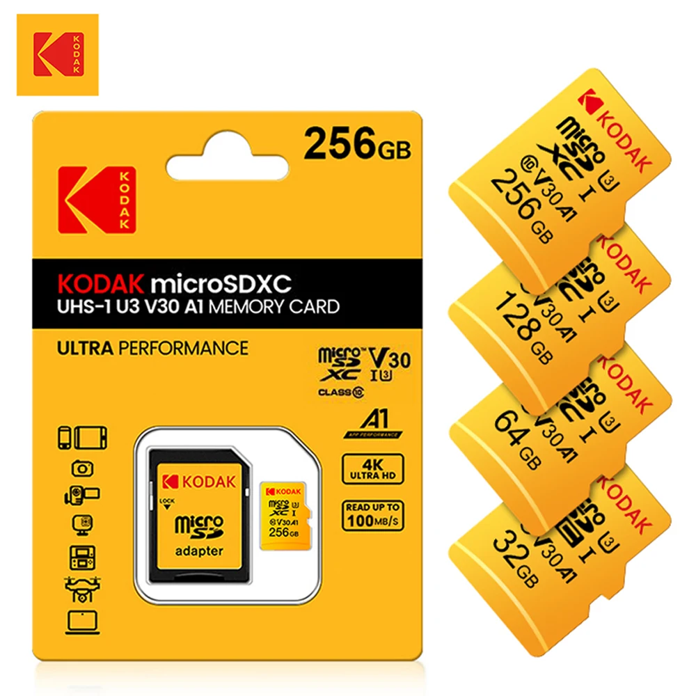 Tarjetas MicroSD Originales Kodak U3 A1 V30 de 128 GB, 32 GB, 64 GB, 256 GB, Clase 10, Tarjetas de Memoria para Teléfono de 32, 64, 128, 256 GB para Tablet PC