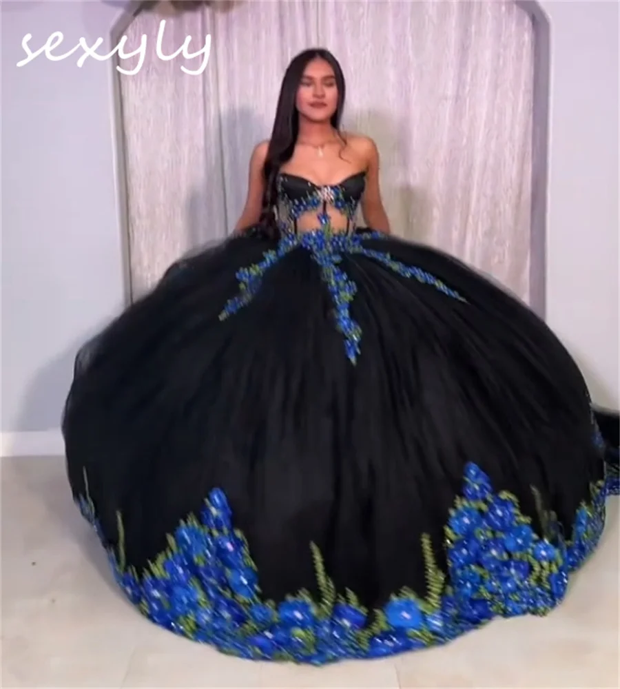 Vestidos De lujo negros mexicanos De 15 Quinceañera Sweetheart Puffy Charro quinze cumpleaños vestido Vestidos De Xv Años personalizado