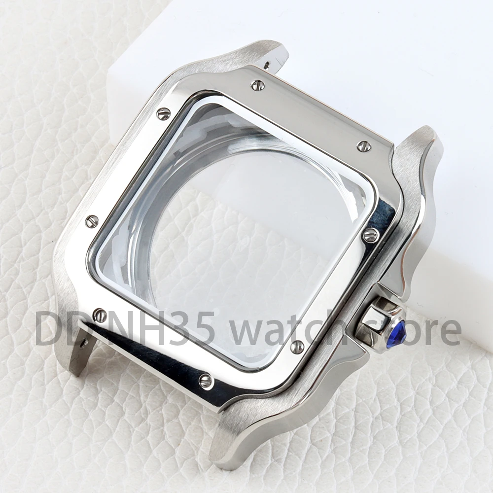 Silver 38mm NH35 Watch Case 21mm Width Solid 316L Stainless Steel Bracelet for Santos NH35 NH36 NH38 Movement 27mm Dial