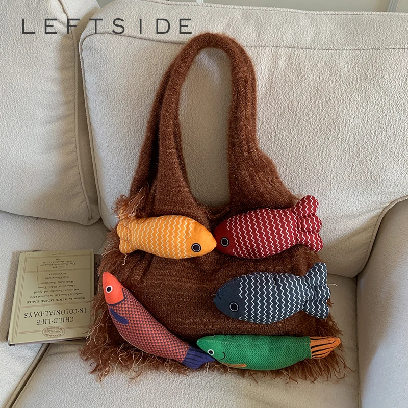 

Левая сторона, тканевая сумка на плечо с рыбным дизайном, тканая ручная сумка, зима 2024, мягкая трендовая сумка-хобо, дорожные сумки, кошелек для покупок