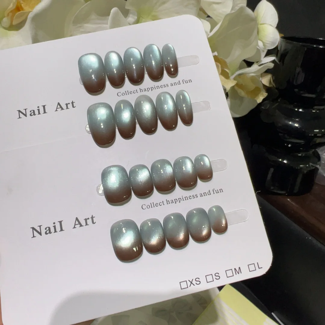 

10pcs Handmade Short Press On Nails Glass Bead Cat Eye Brown Gradient Design Sweet Cute Fake Nails Wearable Nails Art Tips Girls