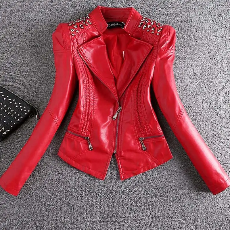 2023 Fashion Motorcycle Leather Jacket Women Spring And Autumn Rivet Coat Short Slim Coats Large size 4XL