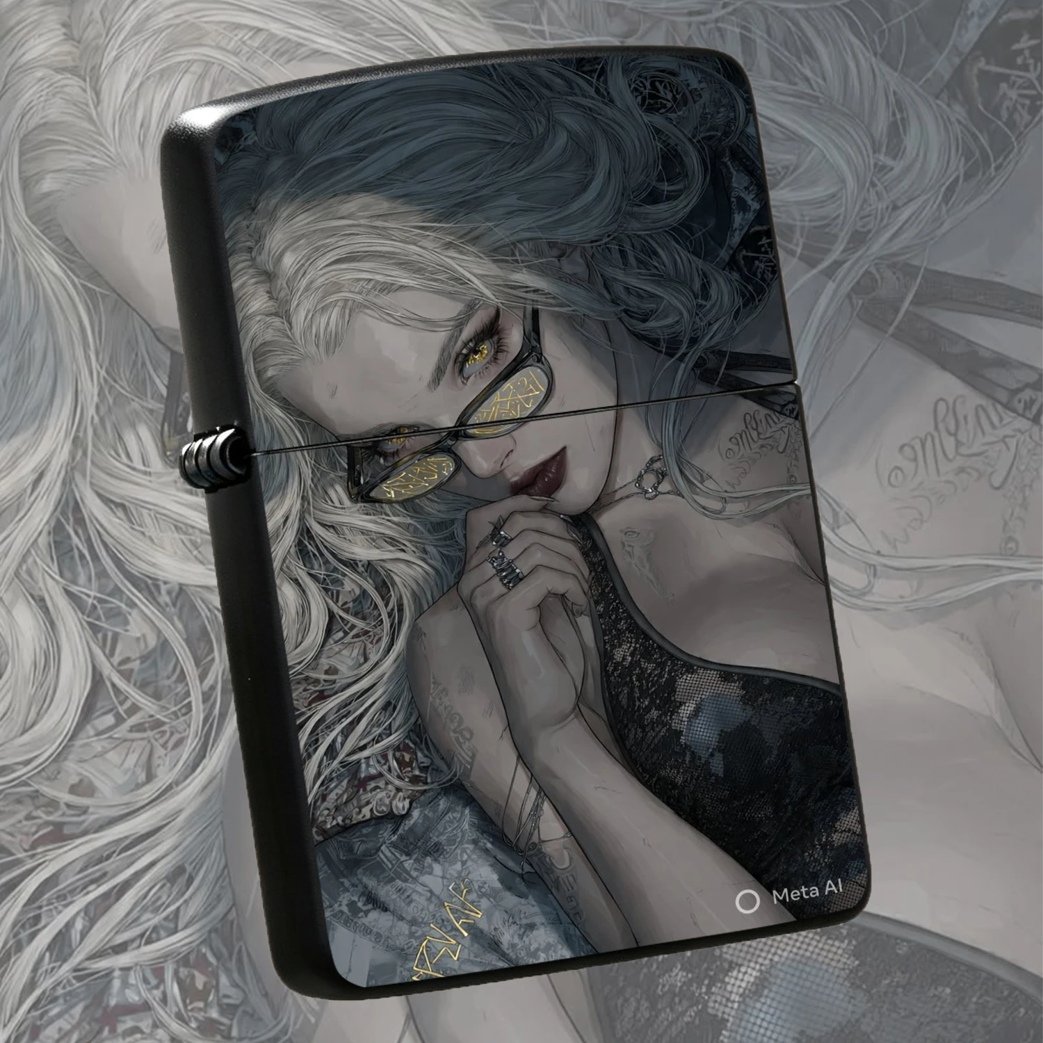 Vintage Exquisite With Cool Silver-Gray Curly Hair Golden Eyes Lady Art Print, Durable  Windproof, Unique Dark Cyber Character Pattern, Ideal Gift For Collectors, Portable Daily Use Igniter For Men Women A Fun And Humorous Lighter