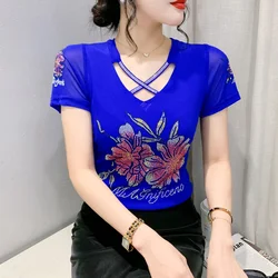 New 2025 Summer Short Sleeved Women T-Shirt Fashion Casual Slim Hot Diamond Hollow Out Mesh Tops High Strecth Blusas