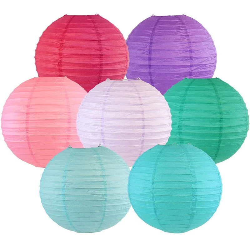 7Pcs Colorful Paper Lanterns Round Paper Hanging Decorations Jewel Pack for Birthday Wedding Baby Shower Decor 10inch/25cm