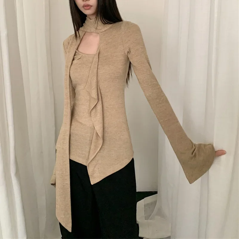 Jinqian Self-Made Knitted T-Shirt Long Sleeve U-Neck Design Sensibility Ruffle Edge Hollow Out Tops Sensible Fashion