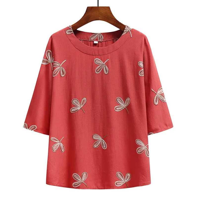 Leisurely Embroidered Top Large Size Loose Cotton and Linen Suit Women Middle-aged and Elderly Medium-sleeved T-shirt  Pajamas