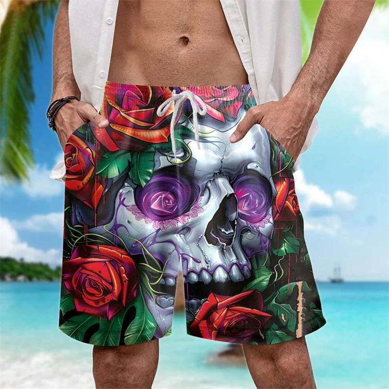 남성용 스컬 반바지, 여름 스트리트웨어, 3D 프린트 반바지, 쿨, 오버사이즈, 힙합, 수영복