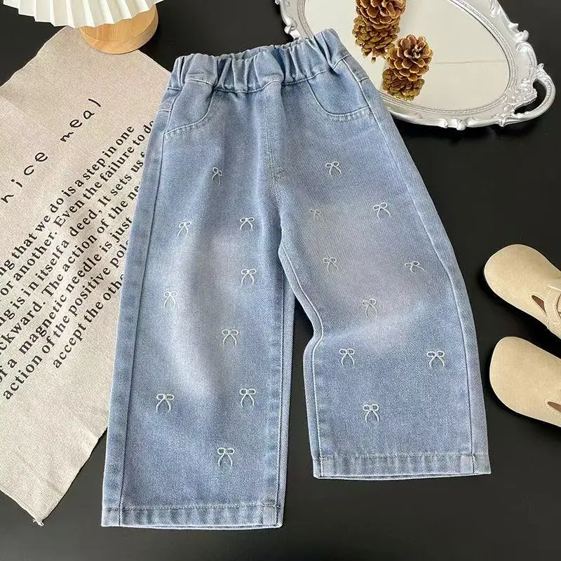 

Girls' Jeans Spring and Autumn Fashion Children's Bow Straight Leg Pants Casual Wide Leg Pants