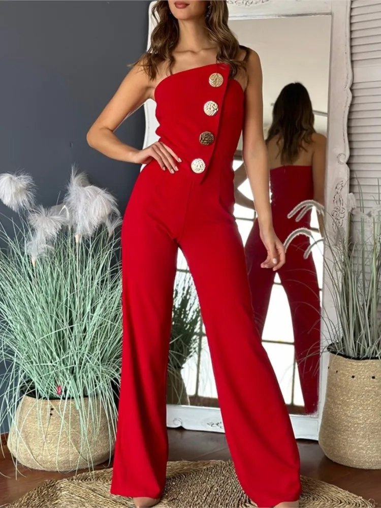 

Elegant Women's Romper Jumpsuit Sexy Backless Tube Top Button Bootcut Long Pants Red For Asymmetrical Bandeau StraplessJumpsuits