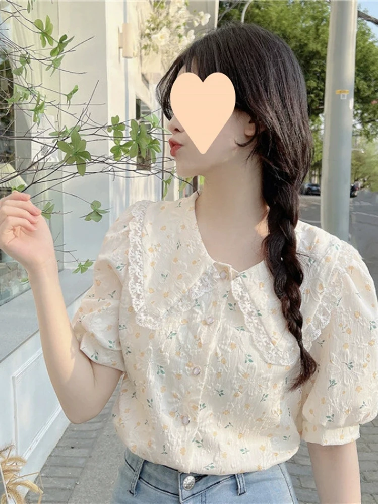 

Sweet Floral Women Shirt Summer Fashion Lace Patchwork Casual Blouse French Elegant Cute Puffy Sleeve Female Chiffon Tops