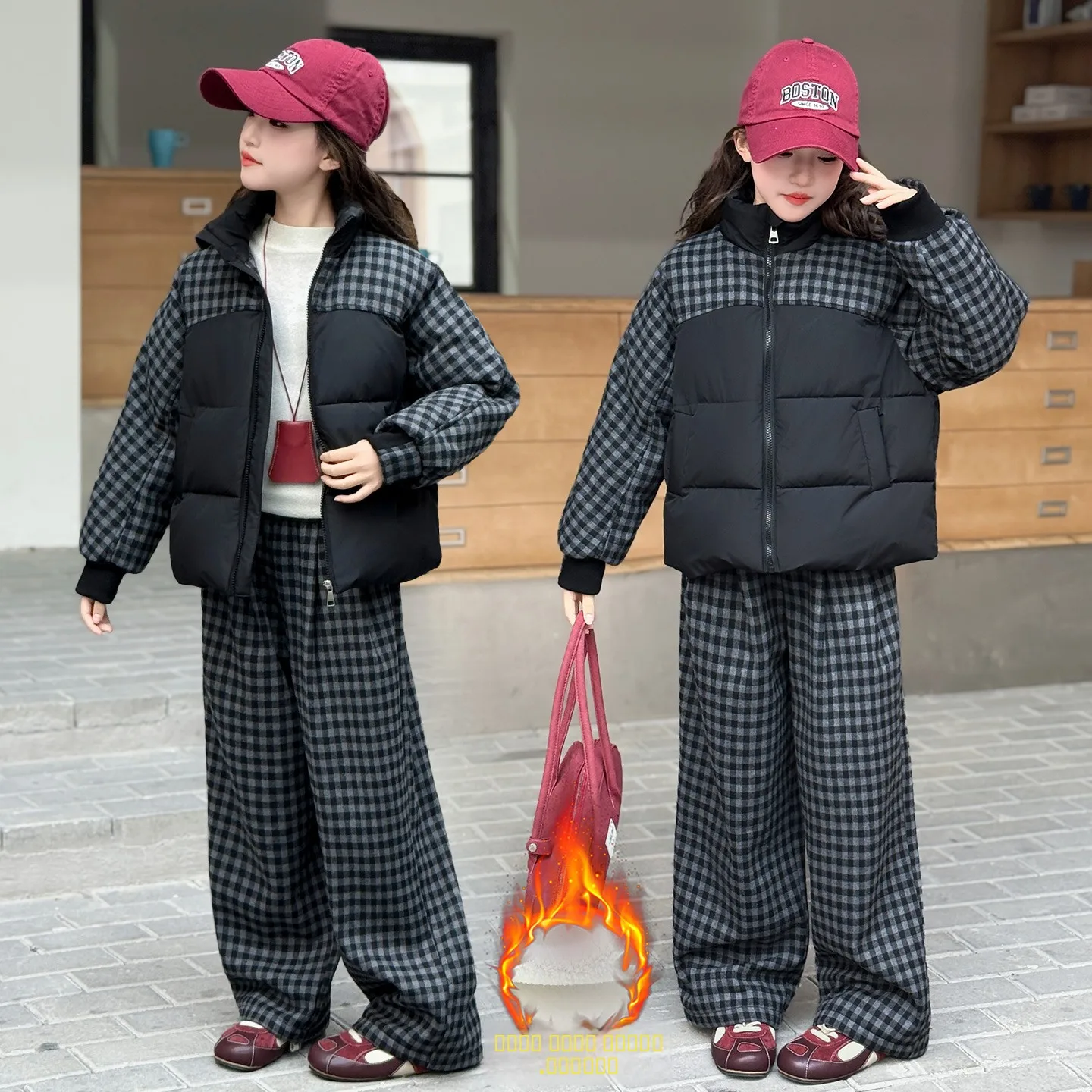 

Зимний утепленный пуховый хлопковый комплект для девочек: куртка и повседневные брюки, модная одежда для детей среднего и старшего возраста