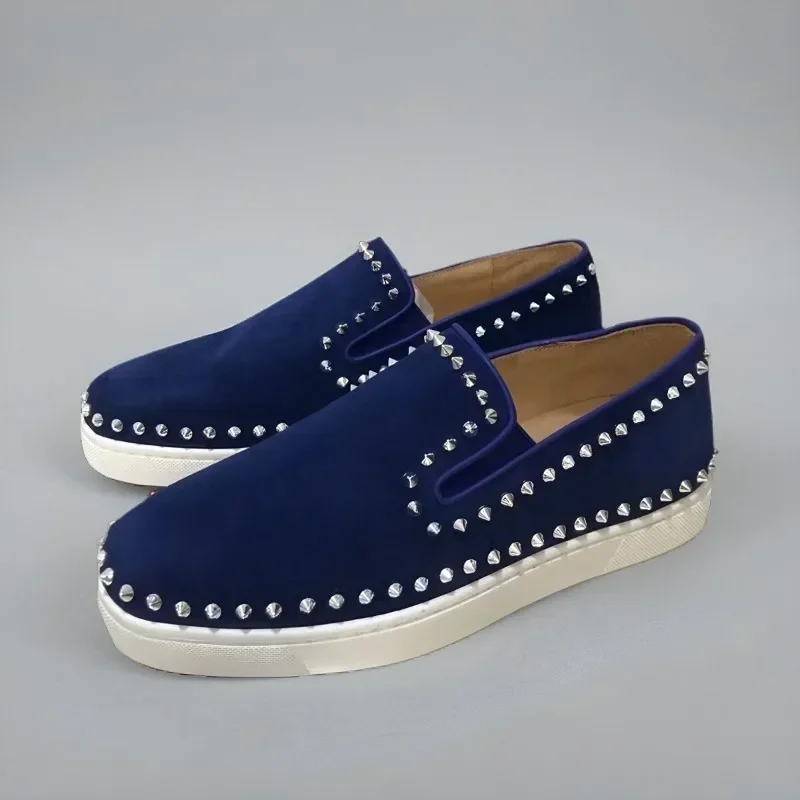 Low Top Red Bottom Shoes For Men Trainers Driving Spiked Blue Suede Genuine Leather Circle Silver Rivets Flats Sneaker Luxury