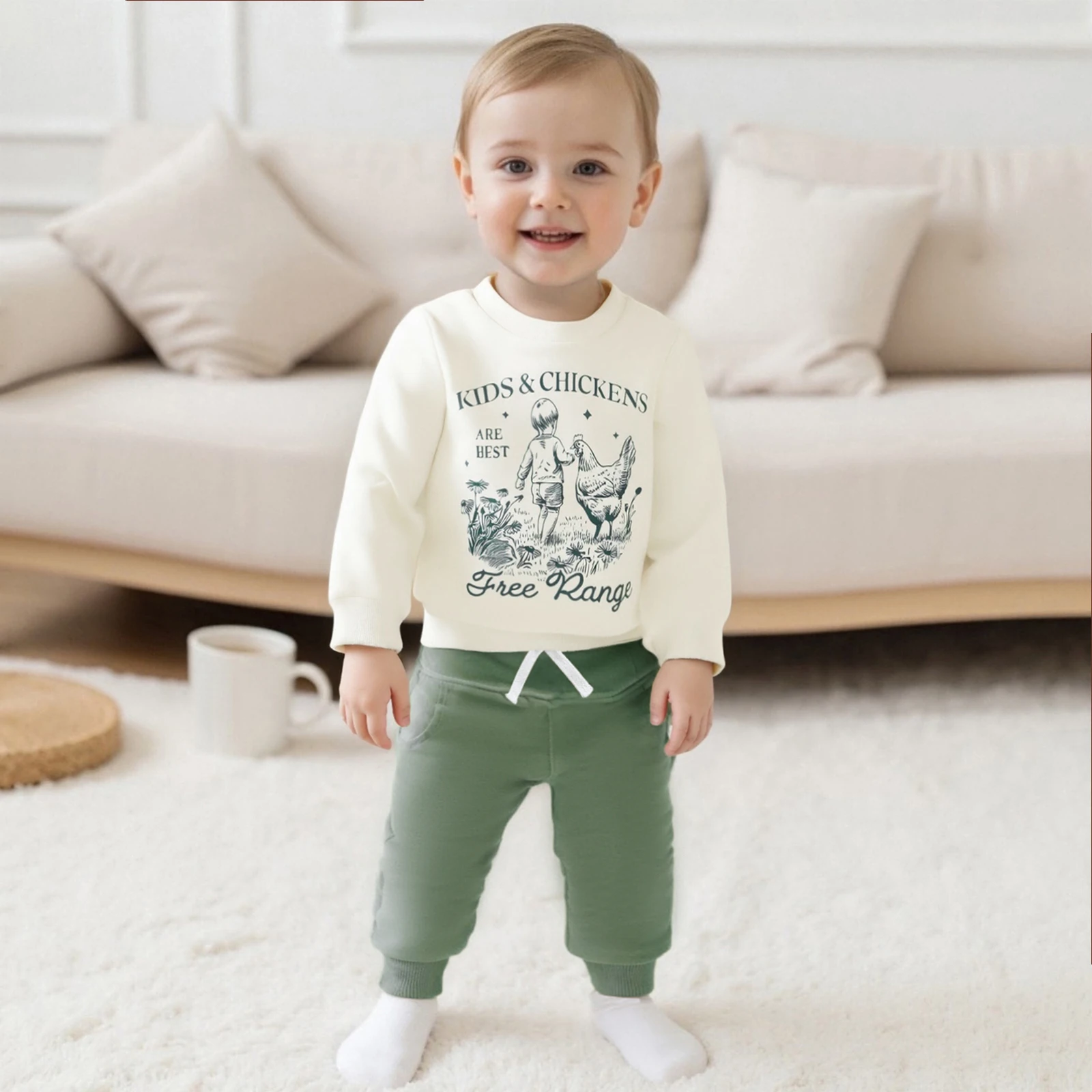 

Toddler Baby Boys Fall Clothes Set Kid and Chicken Print Long Sleeve Pullover Sweatshirt Bow Pants 2 Pcs Outfits