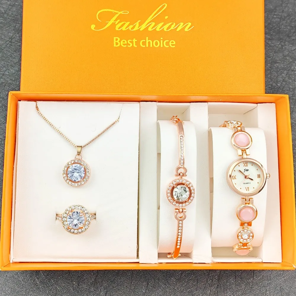

Модные часы, комплект ювелирных изделий для женщин, блестящее циркониевое кольцо, ожерелье, браслет с коробкой, роскошные кварцевые часы, женский подарочный набор reloj
