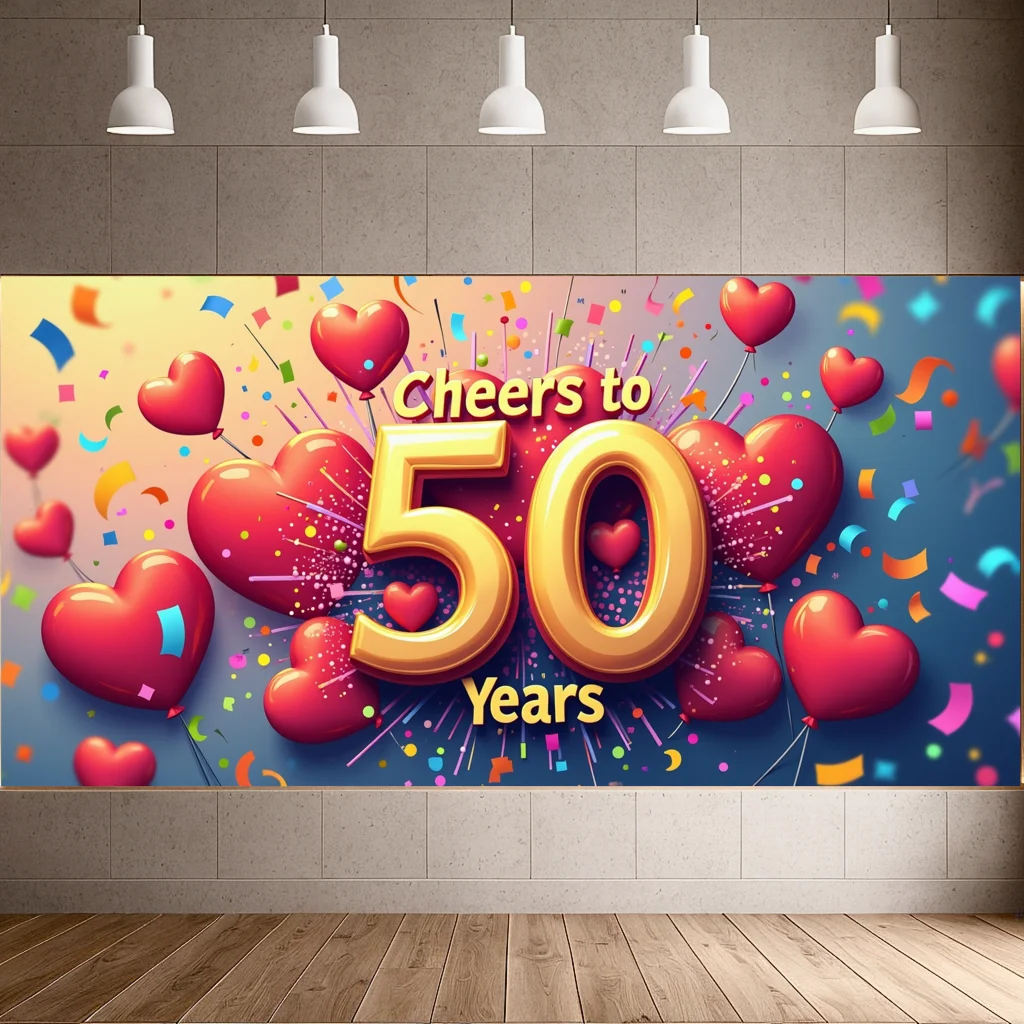 Cheers to 50 Years Anniversary Banner Gold Hearts Confetti Backdrop Decoration Celebration Background Party Props Decors