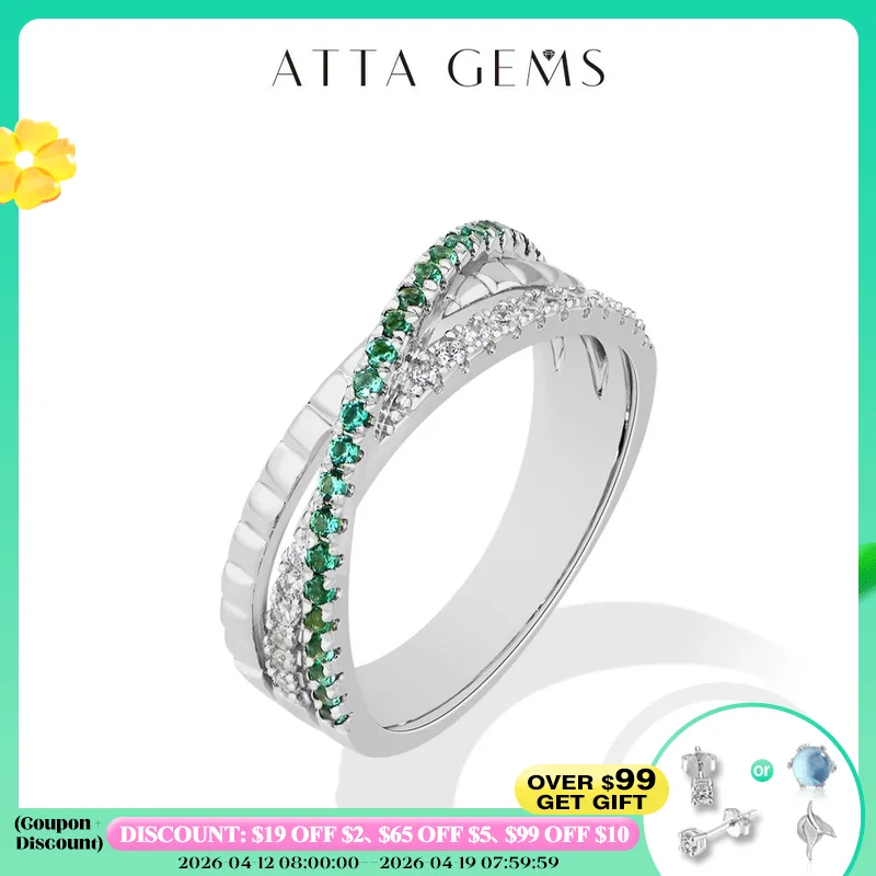 

ATTAGEMS Stacking Crossed Wedding Rings 925 Sterling Silver Lab Zambian Emerald White Zircon Women's Ring for Party Fine Jewelry
