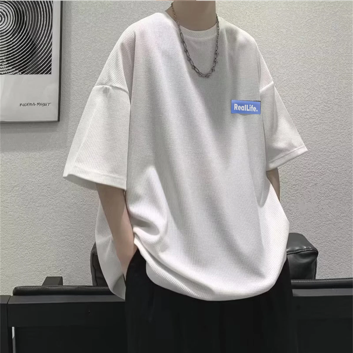 Fashion Solid Polyester T-shirts For Men Basic Tee Casual T shirt Oversized Tops Waffle Unisex Short Tshirts Tees Men Clothing