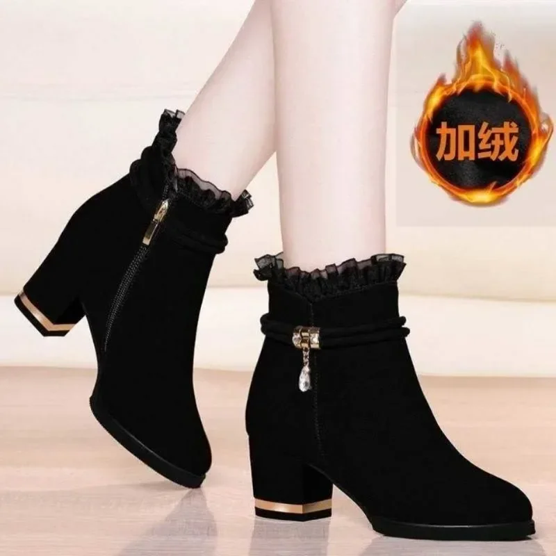 2023 New Autumn Fashion Boots Women Fur Winter Warm Pointed Ankle Boots Sexy High Heel Rhinestone Decoration Zipper Women Boots