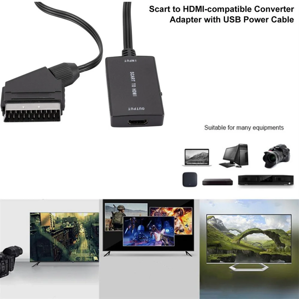 Grwibeou convertidor de Audio y vídeo compatible con SCART a HDMI, Cable USB para HDTV Sky Box, DVD, señal de televisión, convertidor exclusivo