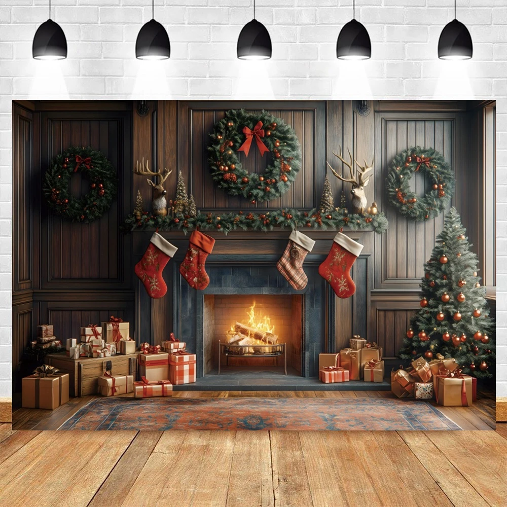 Christmas Backdrop Old Brick Fireplace Xmas Tree Gifts Toy Bear Kids Baby Photo Photography Background Decor Photo Studio Props