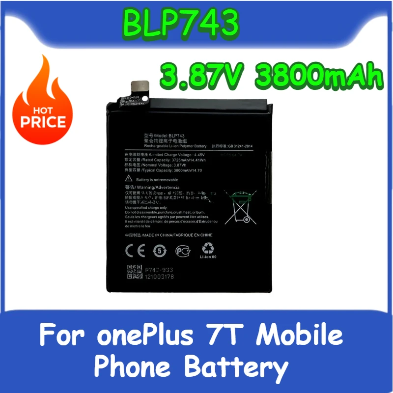 

Battery 3.87V 3800mAh BLP743 For OnePlus 7T One Plus 7T Mobile Phone Replacement Battery Brand-New High Quality