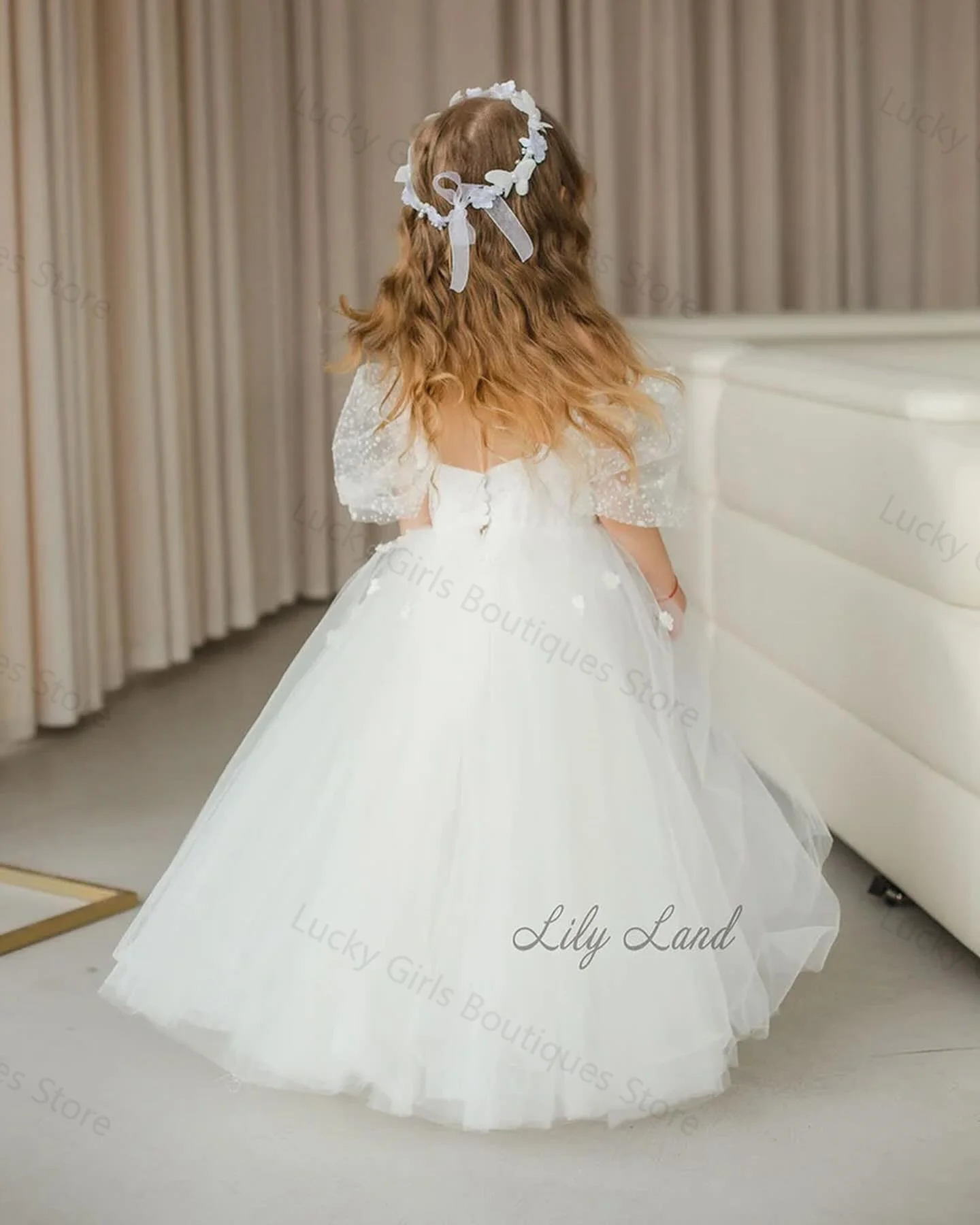 Elegant White Flower Girl Dresses for Wedding Pearls Appliques Birthday Gowns Long Sleeves Children First Communion Dresses