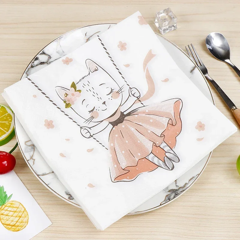 New Cat Swing Printing Paper Towels Cartoon Birthday Party Colorful Napkins Personalized Dress Up Paper Napkins 2 Ply Food Grade