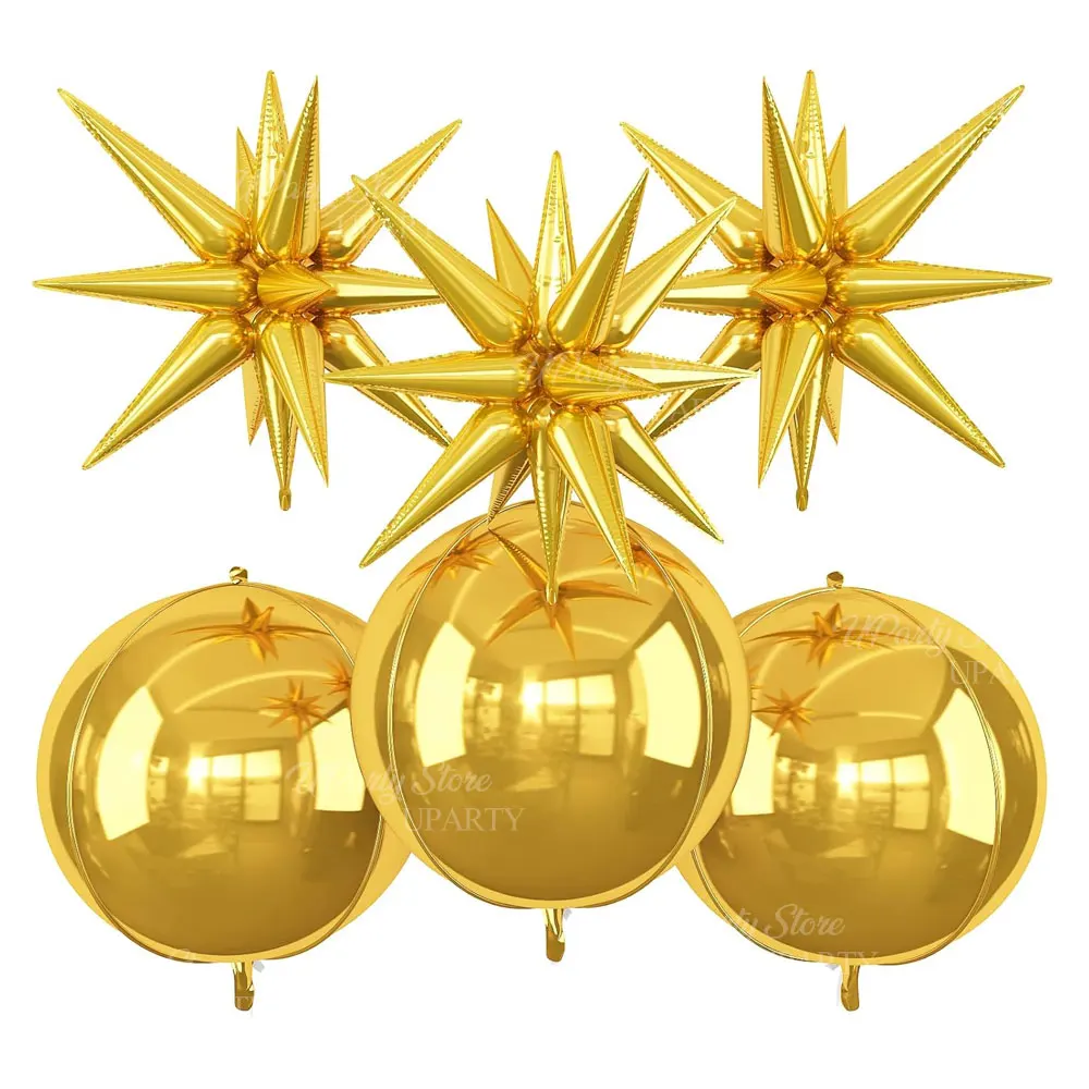 6 Stück Goldstern-Geburtstagsballons, 55,9 cm, 4D, rund, Helium, Globo Starburst Sterne, Folienballons für Hochzeitstag, Party-Dekoration – Detail 6
