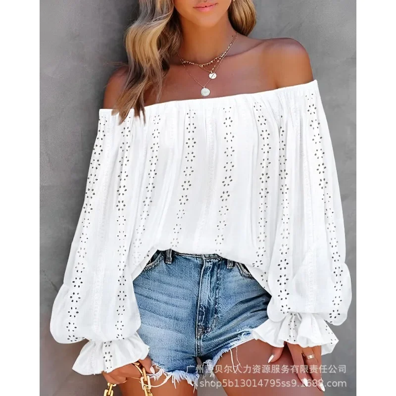 Women\'s Sexy Loose Print Pleated Blouse 2024 New Blouse Top Women\'s Fashion Flared Sleeves Off Shoulder Slash Neck Shirt