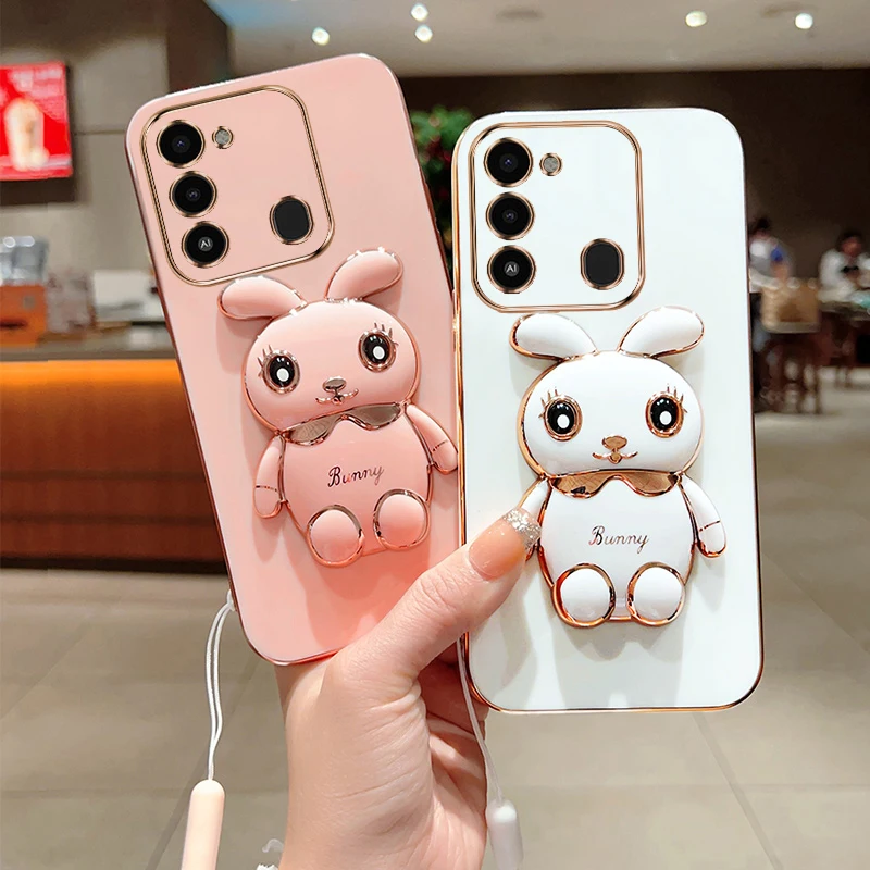 For Infinix Tecno Spark Go 2022 Phone Case Cute Cartoon Rabbit Fold Stand With Lanyard Soft Silicone Luxury Plating Cover