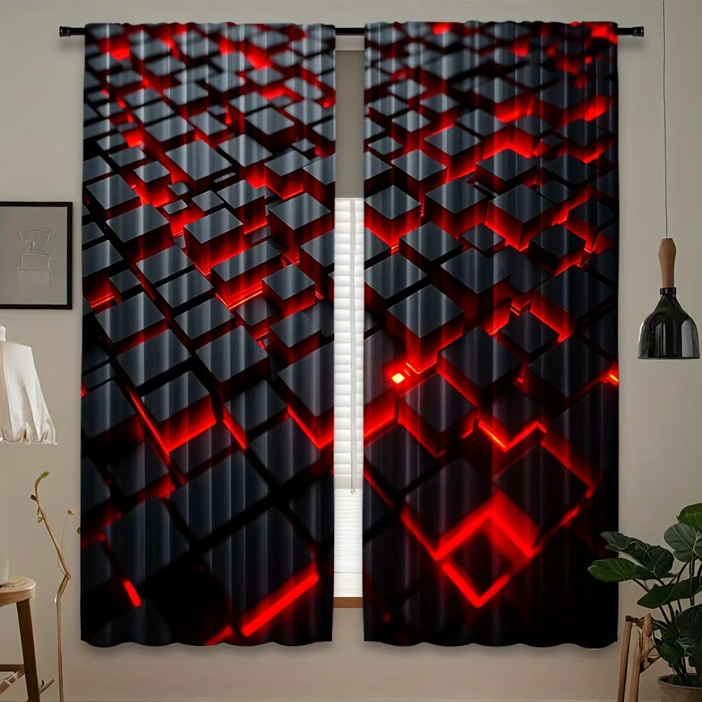 2pcs Geometric Curtains Red Black 3D Cube Abstract Pattern Drape Modern Living Room Gaming Room Window Treatment Tech Home Decor