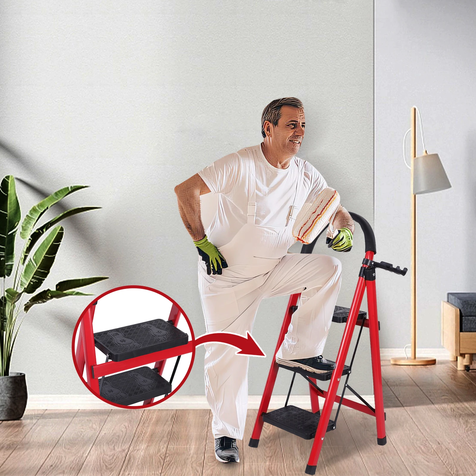 

3 Step Folding Ladder Sturdy Steel Ladder 330LBS Capacity W/Hand Rail Wide Platform Steps for RV Attic Daily Use at Home