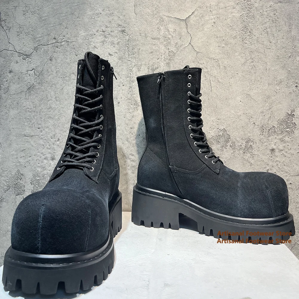 سميكة سوليد حذاء من الجلد الرجال دراجة نارية الأحذية السوداء الدنيم الارتفاع زيادة الأحذية الجلدية مصمم العصرية اليدوية الرجال الأحذية