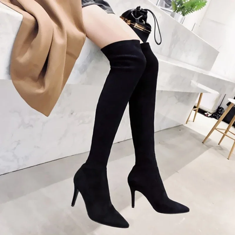 Shoes for Women 2023 New Women\'s Thigh High Boots Sexy Pointed Toe Stiletto Long Boots Slim Was Thin Black High Boots Female