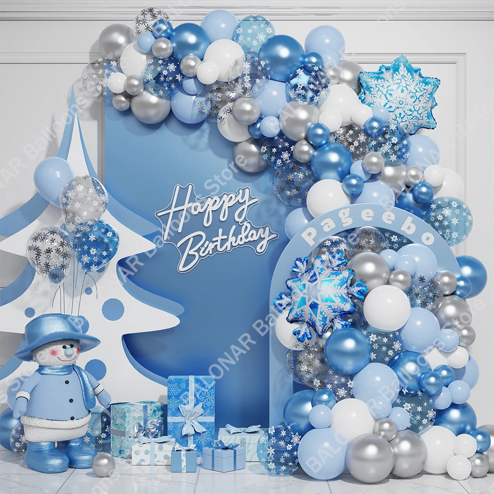 134pcs Frozen Snowflake Balloon Garland Arch Silver Blue Snowflake Balloon Girl Princess Birthday Party Winter Christmas Decor