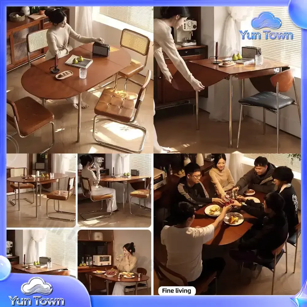 Folding Dining Table for Vintage Style Home Use Oval Extendable Solid Wood Table Set for Small Space Living Room for Xishi