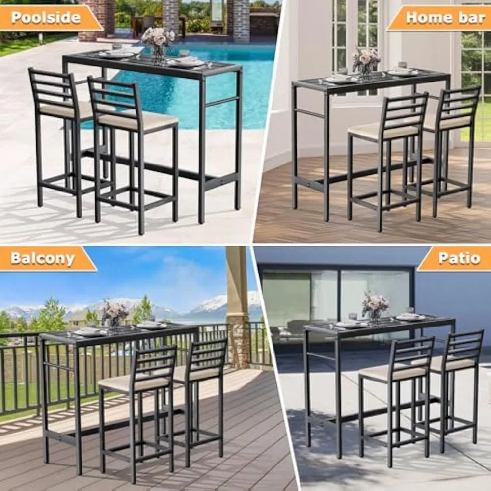 Outdoor Patio Bar Set, 50IN Rectangular Counter Height High Top Bar Tables, 3 Piece 2 Cushioned 41" Bar Stools, Metal Table