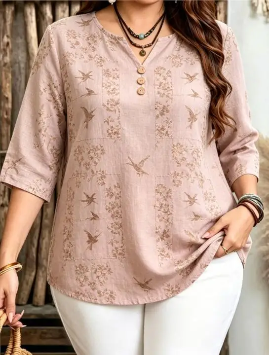 7 Styles Floral Ink Art Cartoon Print Linen Blouses Notch Split V Neck 3 Decor Buttons 3/4 Sleeve Casual Women Shirts