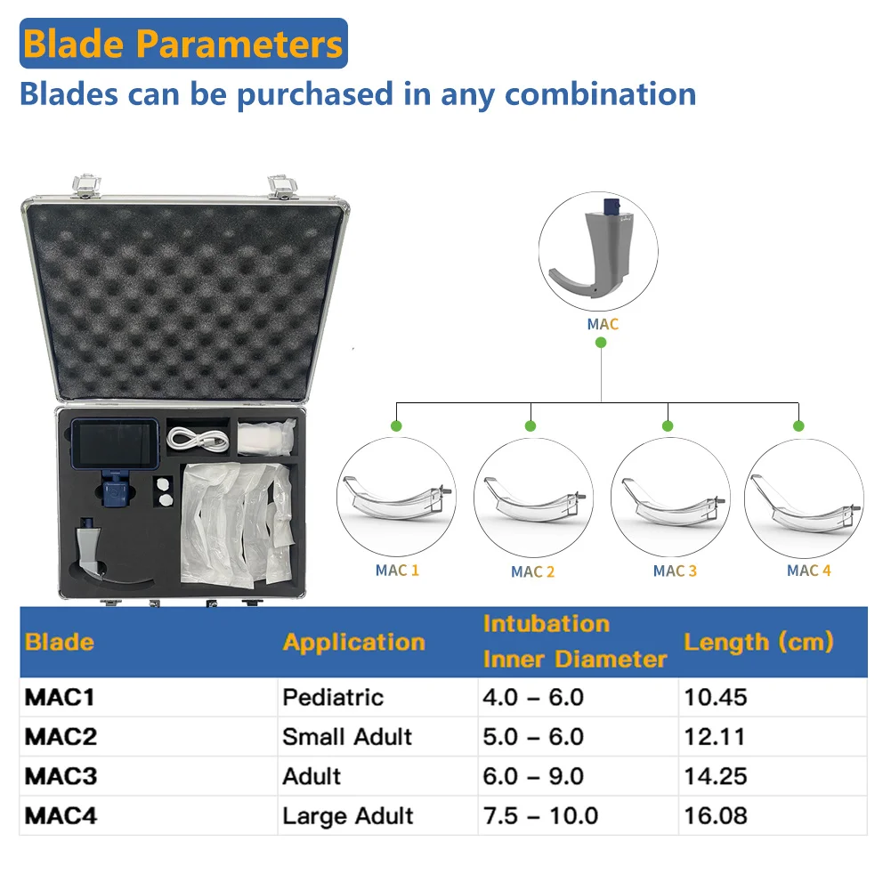 Video Laringoscópio com Tela HD Touchable, 2 Punhos de Aço Inoxidável, 6 Lâminas Descartáveis, Compra em Qualquer Combinação, 4.5"