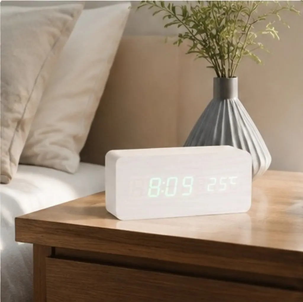 Green LED Wooden Desk Alarm Clock USB Aaa Powered Voice Wake- Time Temperature Display 12 24 Hour Mode White Electronic