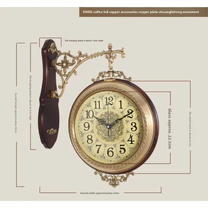 Genuine 20 Inch European Retro Solid Wood Double-sided Wall Clock, American Silent Quartz Clock, Double JP Lisheng Movement
