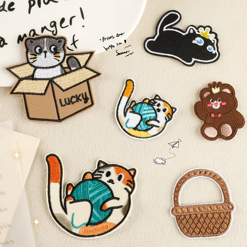 

Creative Cartoon Cute Cat Bamboo Basket Pattern Sew Iron-on Embroidery Patches Stickers for DIY Clothing T-shirt Hat Bags Jeans