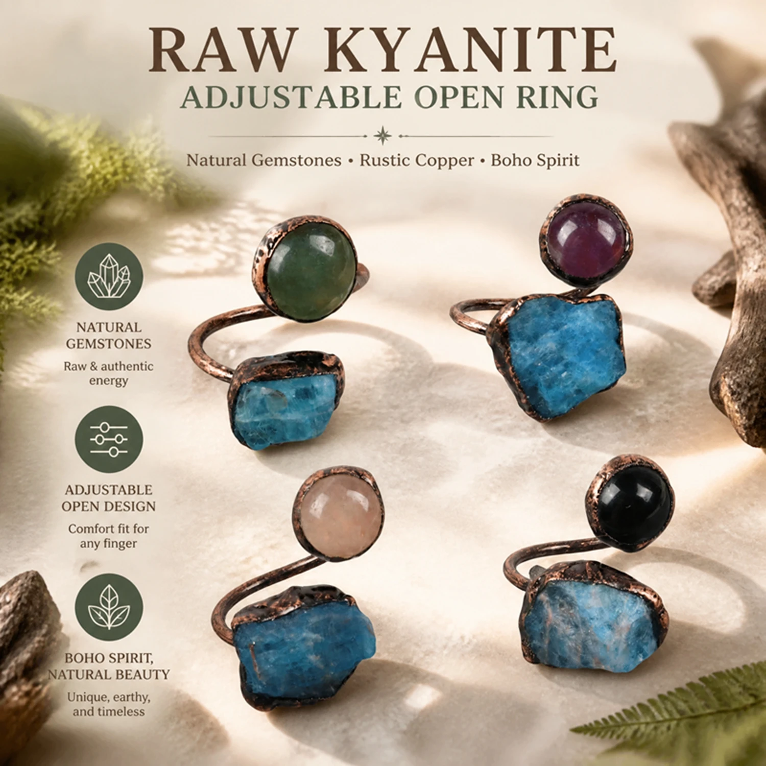 Retro-style Blue Zircon Ring Raw Ore Sapphire Irregular Beads Design Minimalist Versatile Adjustable Jewelry for Both Men Women