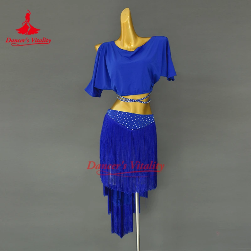 Traje de performance de dança do ventre feminino manga curta + saia curta com borla 2 peças roupa de prática de dança oriental