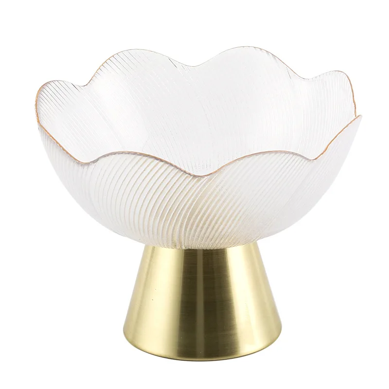 Light luxury drawing Phnom Penh flower language glass fruit plate ornament New Chinese metal high-footed art lotus bowl ornament