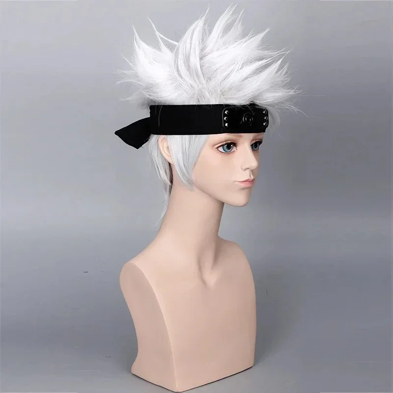 Anime Hatake Kakashi Wig sintetik pendek Wig kostum Cosplay rambut tahan panas berlapis putih perak