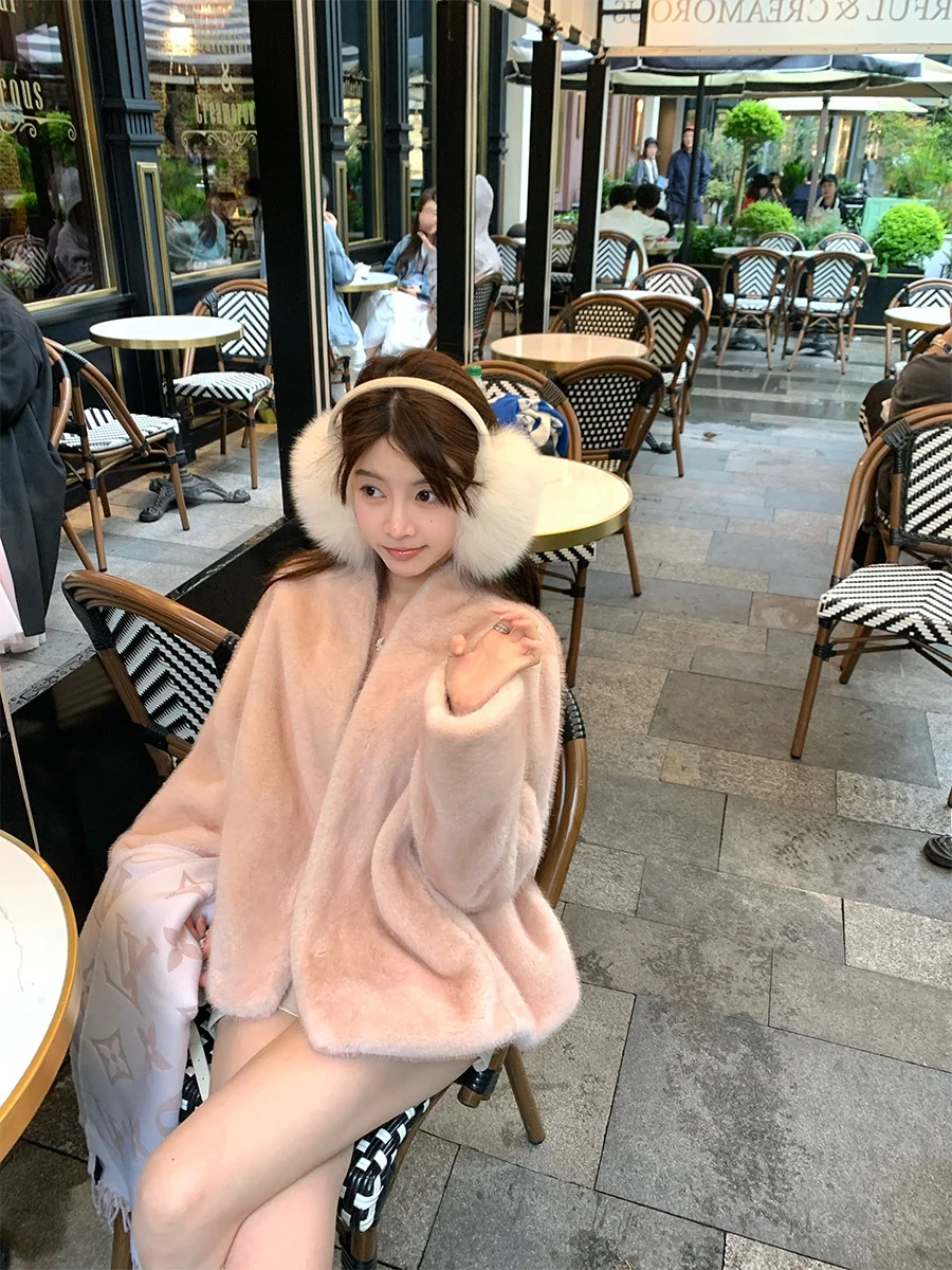 

CloudSweet Pink Cross Fur Coat Women's Winter Outerwear Eco-friendly Korean Sle Stand Edition Thi Long Sve