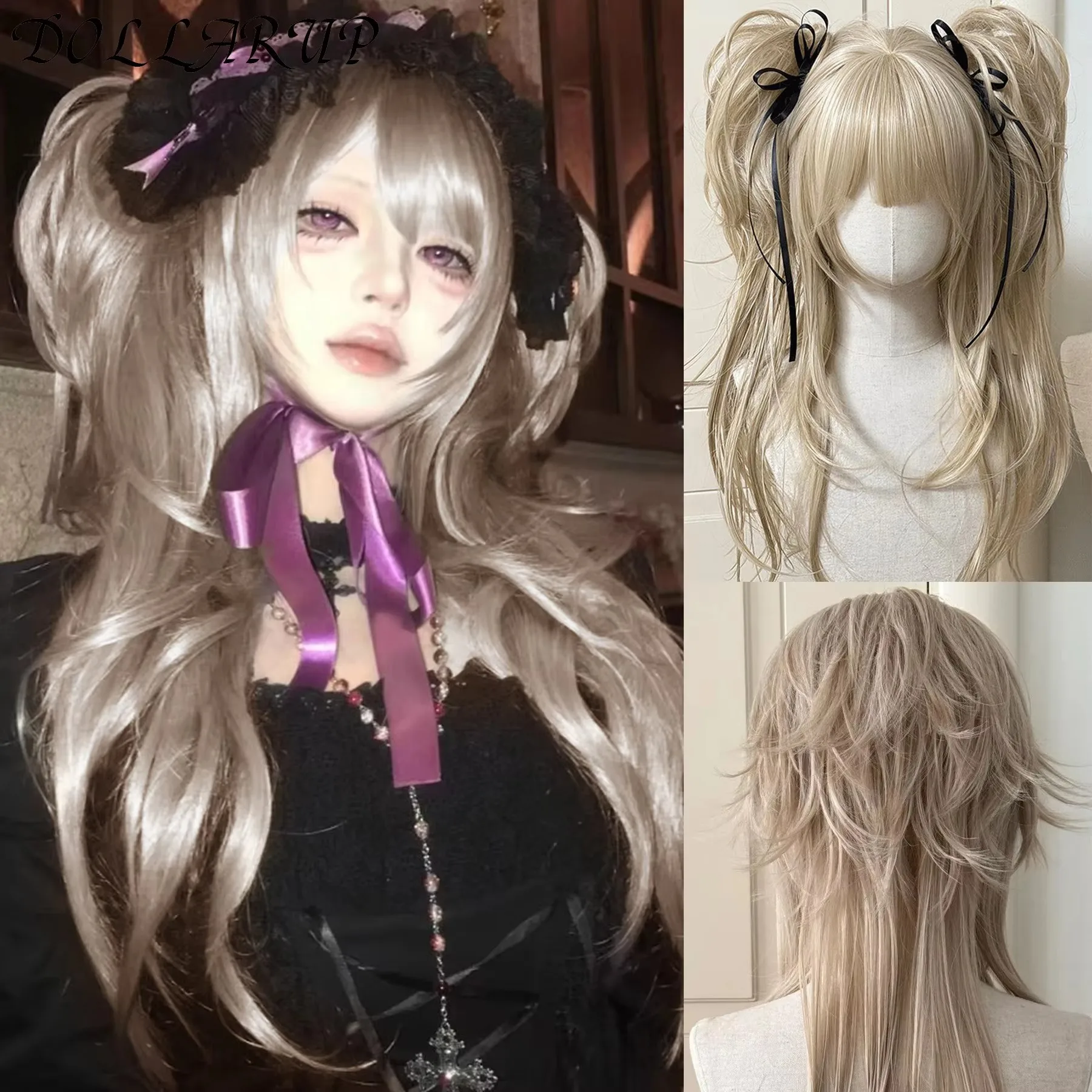 JKL Synthetic Princess Cut Double ponytail Lolita Wig with Bangs Girl Ombre Blonde brown Brown Black Cosplay Halloween